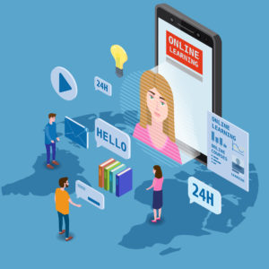Online Education Training Coaching, Workshops And Courses. Flat 3d Isometric Design. Students Studying, With Smartphone, Pile Of Books Icon Set And Mentor Masterclass. Vector Illustration Isolated